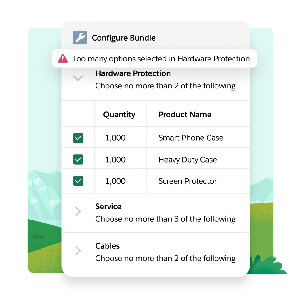 A bundle configurator shows product selection rules and products that exceed the limit with an alert stating this.