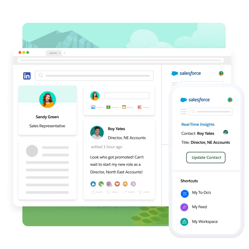 A Salesforce extension shows an email asking to adjust licenses, quick links to workspaces, and a pop out to adjust licenses.