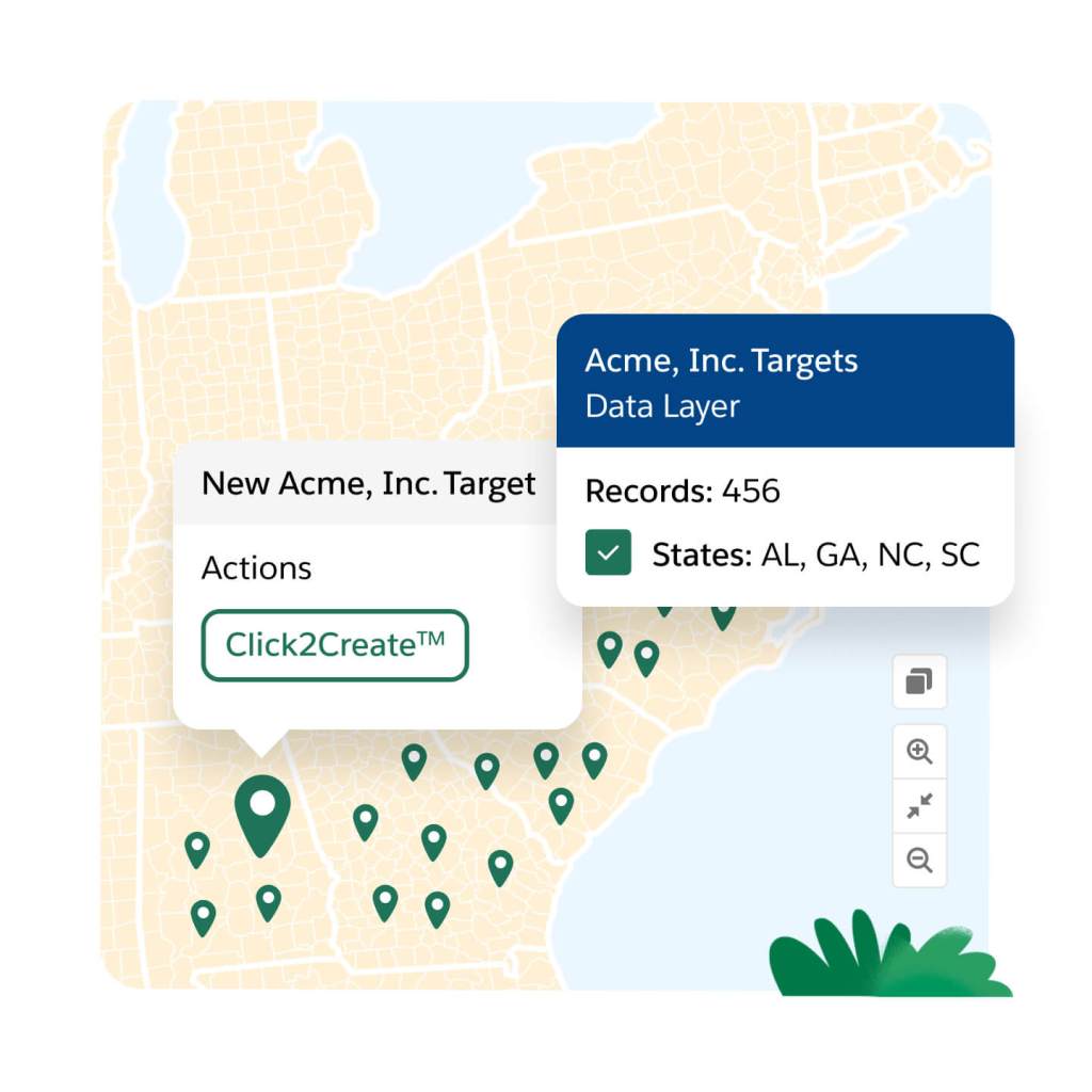 Markers on a map show new data points that can be easily added to an organization's CRM.