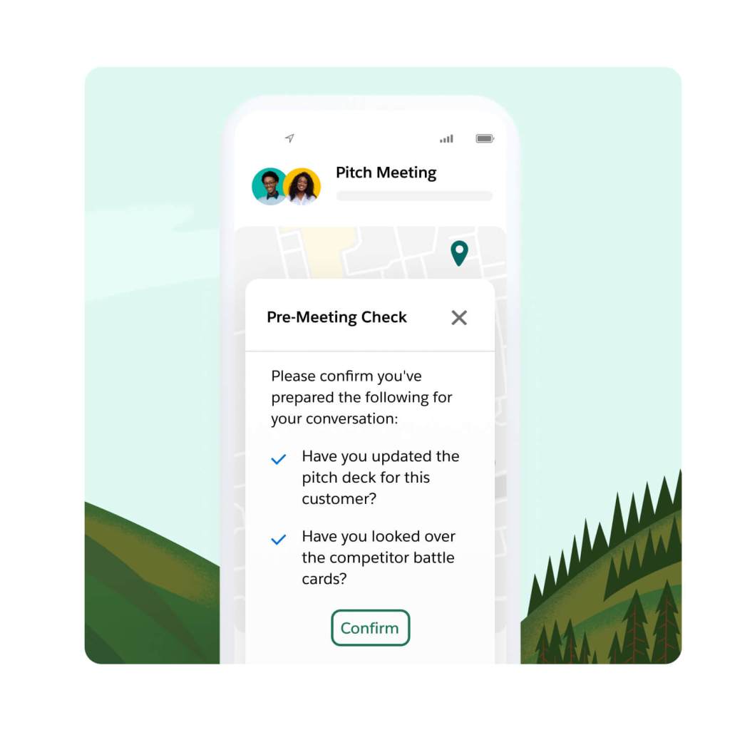 A Maps window has a pop out for a pre-meeting checklist with of tasks to prepare for the meeting, and a button to confirm. 