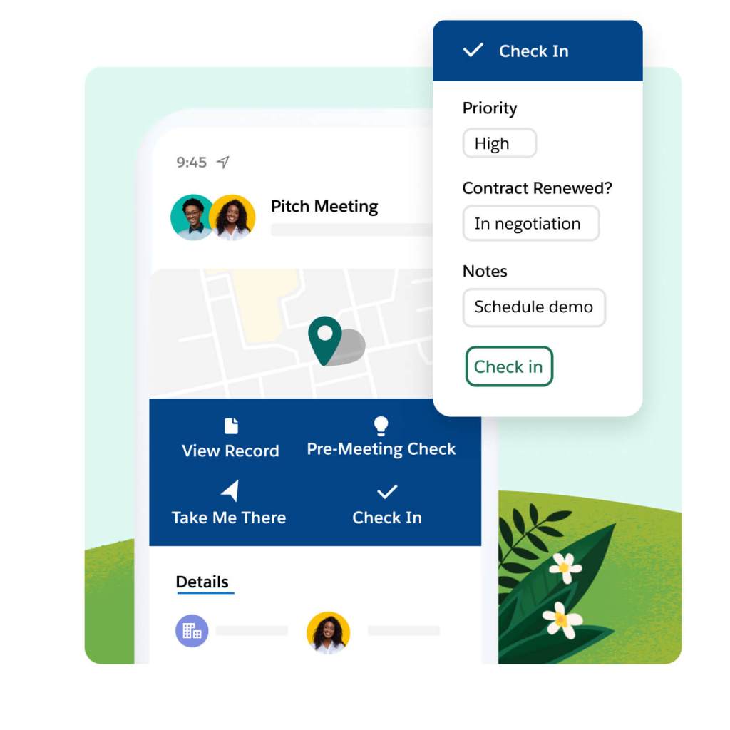 A mobile screen shows the location of a meeting with CRM-enabled options for capturing the meeting's next steps.