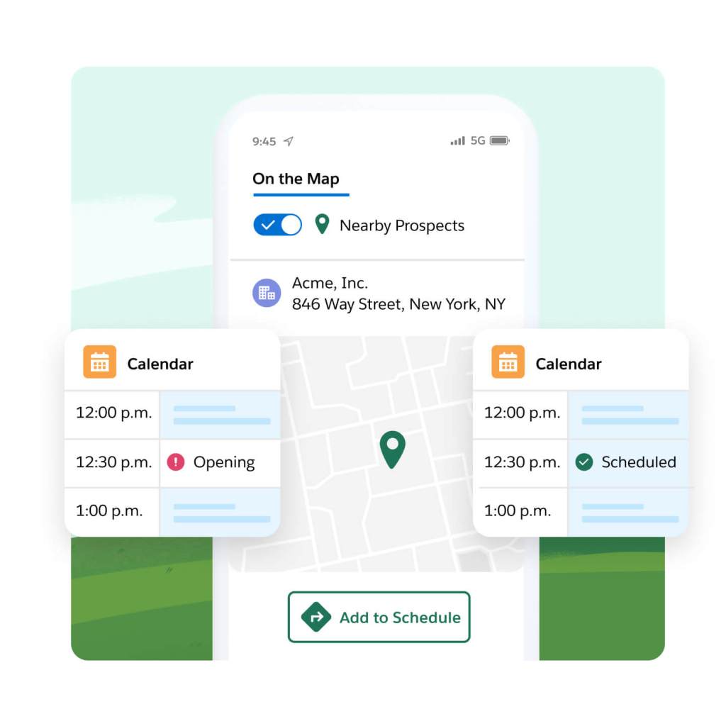 Popouts show how users can easily fill a schedule opening by searching for nearby prospects with Maps on their phone.
