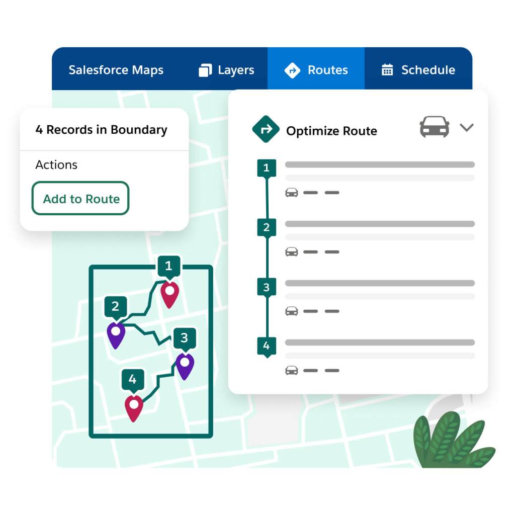 Markers on a map show the route to clients, with an option to add to route, and a pop out with an optimized route.