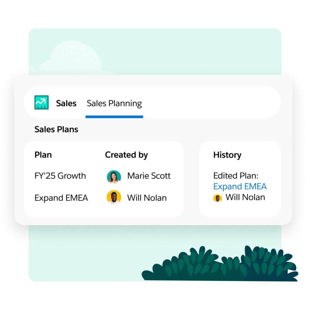 A sales planning window shows a list of sales plans who created them, who edited them, and when. 