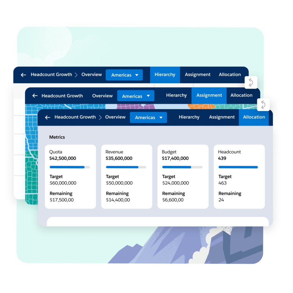 3 windows show the ability to update 3 territories in different windows by hierarchy, assignment, and allocation.