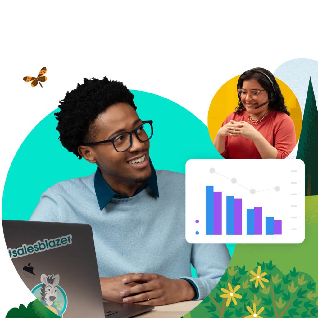 Salesforce user sitting at laptop signing up for the Salesblazer highlights newsletter while viewing a graph of data.