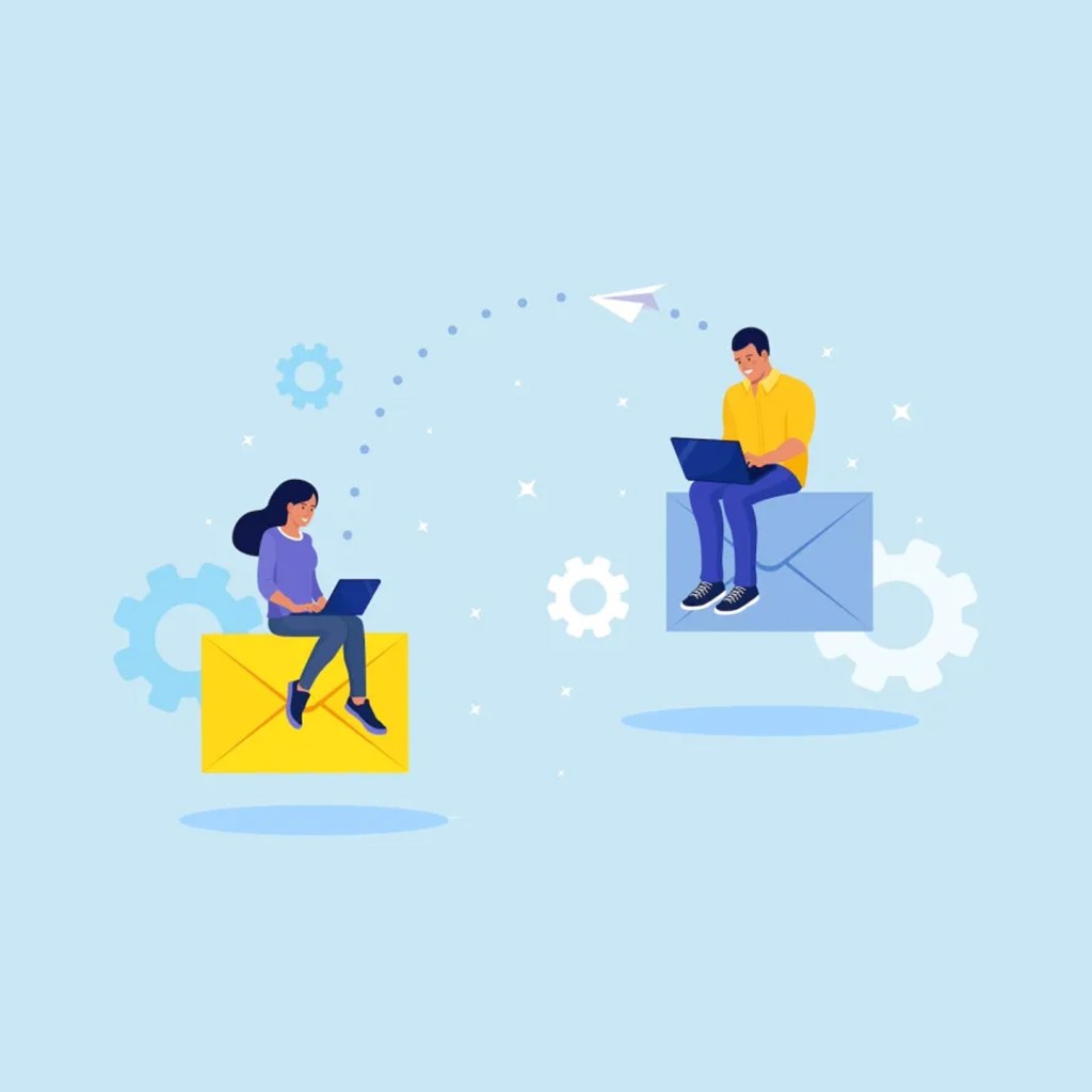 An illustration of a man sitting on an oversized blue envelope with his laptop connected by a dotted line with a paper airplane traveling on it to a woman sitting on an oversized yellow envelope with her laptop. 