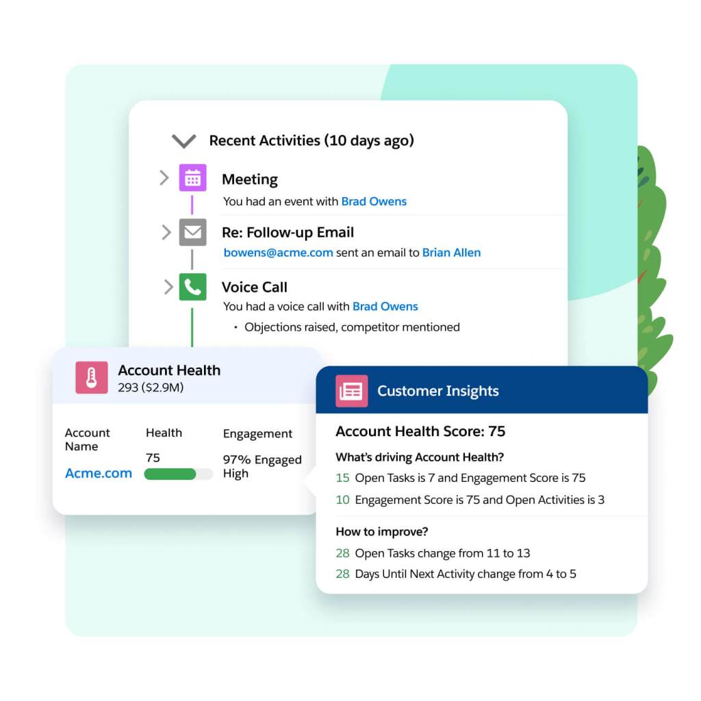 Pop outs show recent deal activity like meetings, follow-ups, and voice calls, account health, and customer insights.