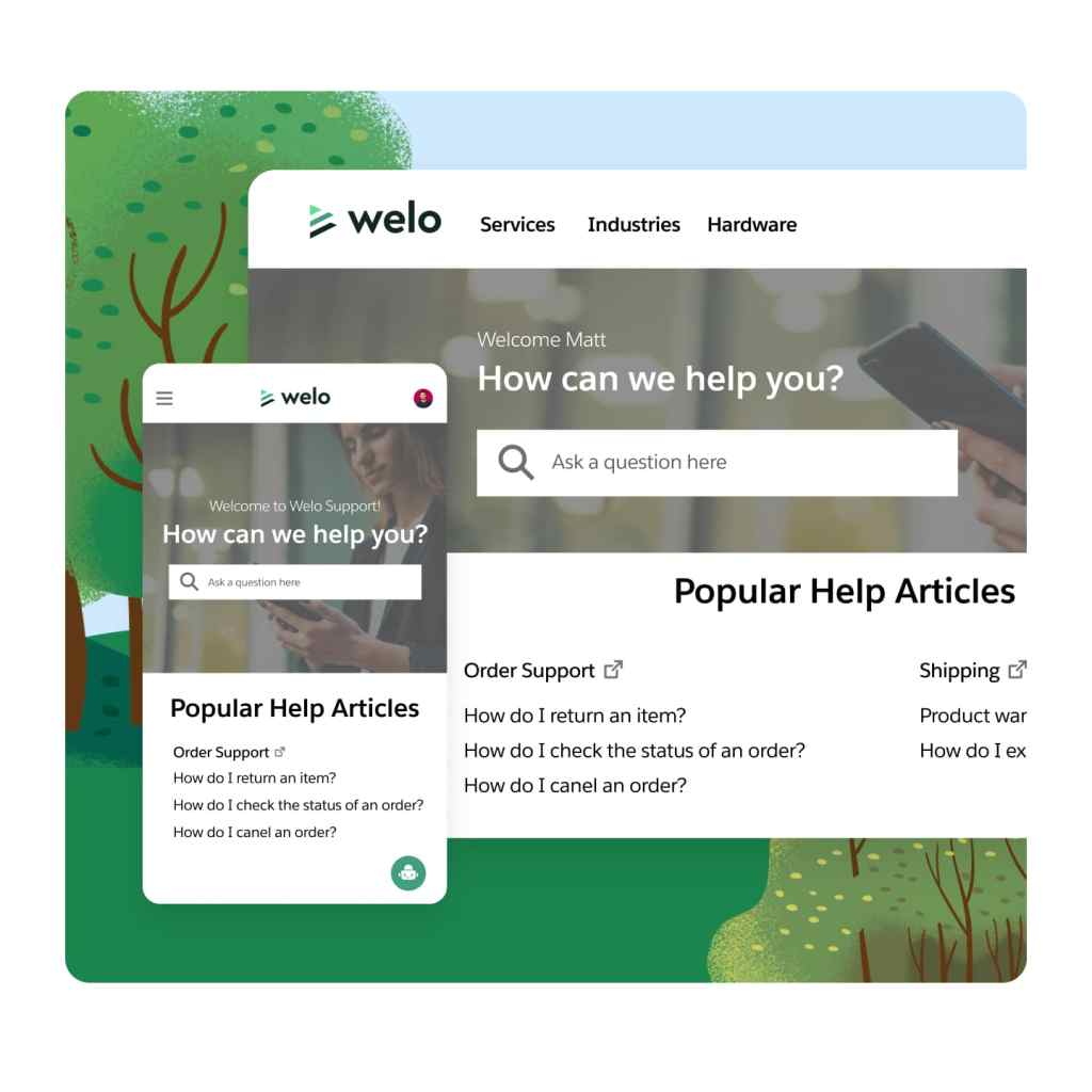 A self-service portal providing customer action options and bot assistance