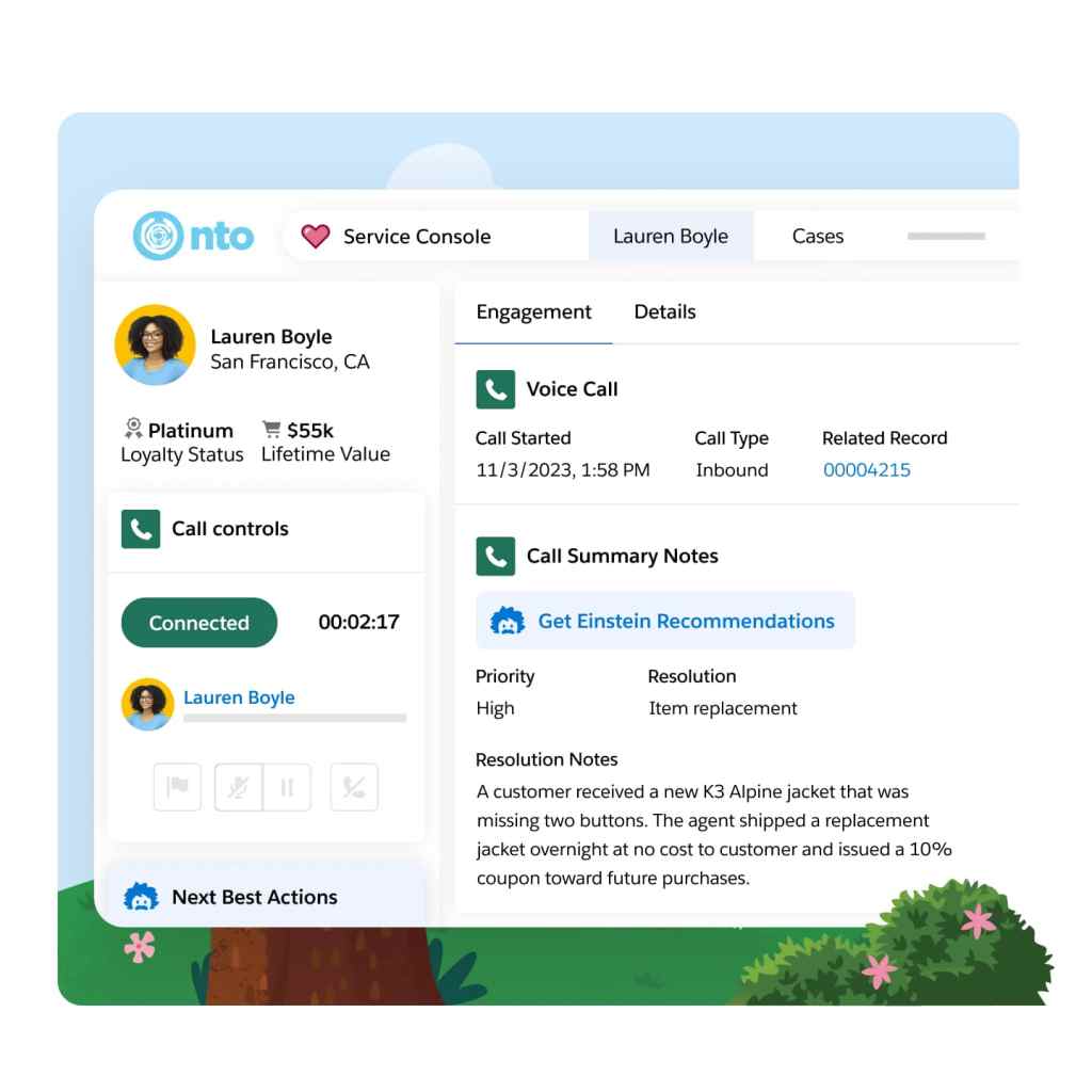 A dashboard showcasing voice call controls, analytics, and summary, as well as contact details and service recommendations
