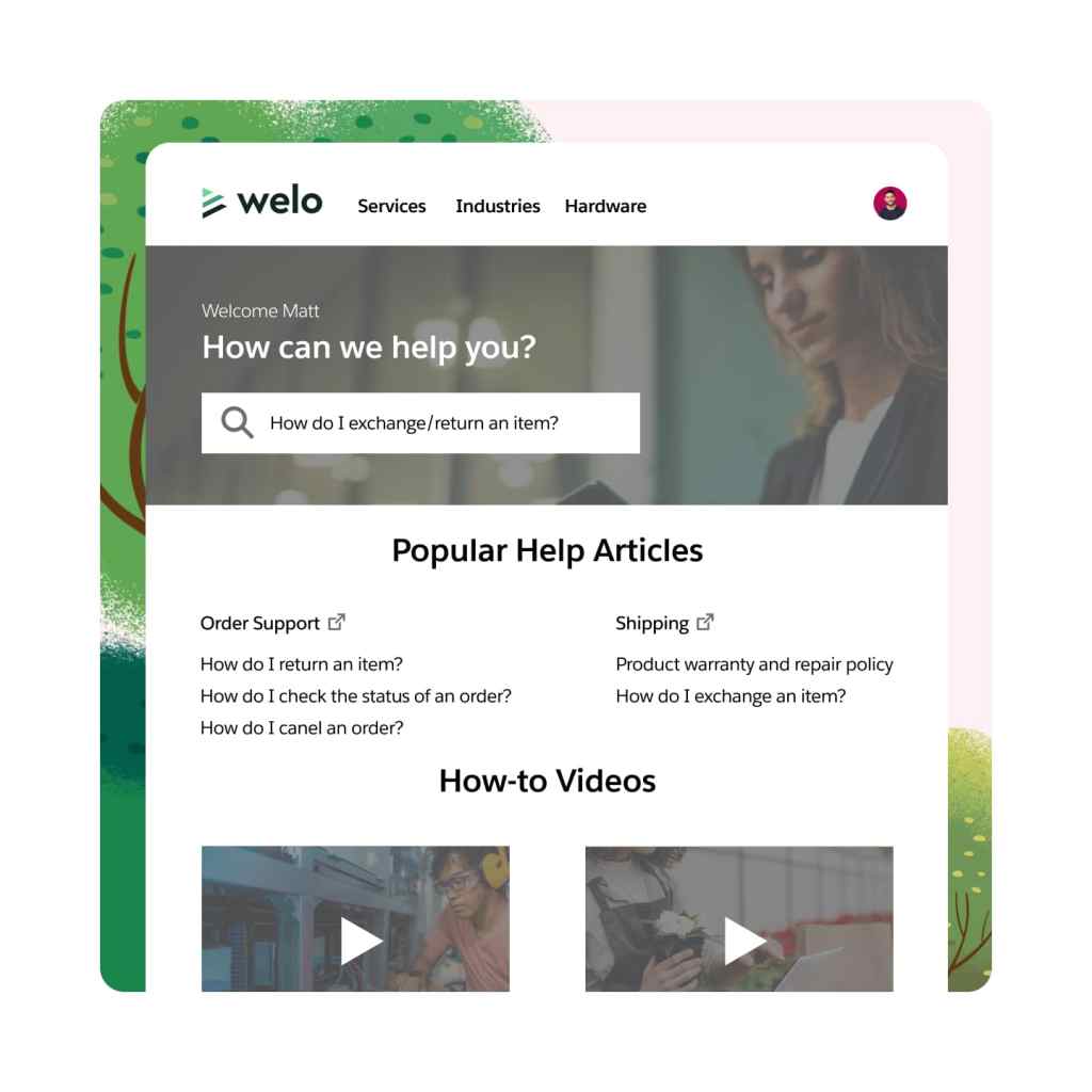 A dashboard displays a help center portal with helpful knowledge articles