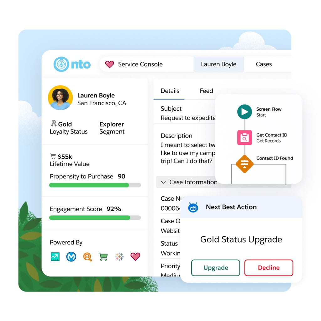 Windows displaying a customers profile and next best actions based on their data
