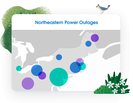 Map with different areas highlighted indicating power outage data