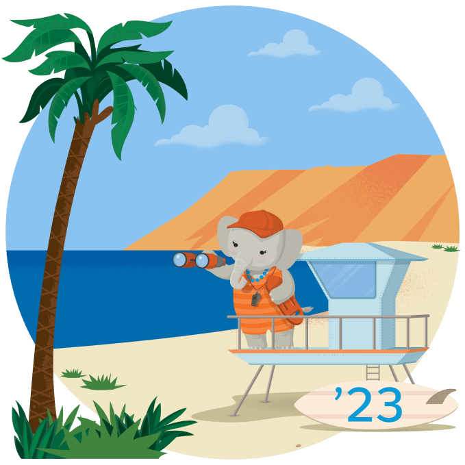 Image of Ruth, a Salesforce mascot as a lifeguard on the beach