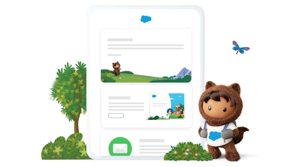 Illustration of a digital newsletter wireframe next to Astro with a backpack on.
