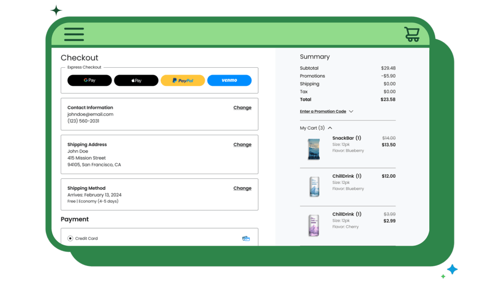 Mobile device screen showing the ecommerce checkout process, with shipping and payment options on screen.