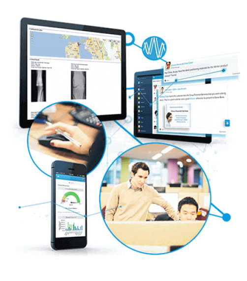 Some images of a computer, some people working and a cellphone connected by a network