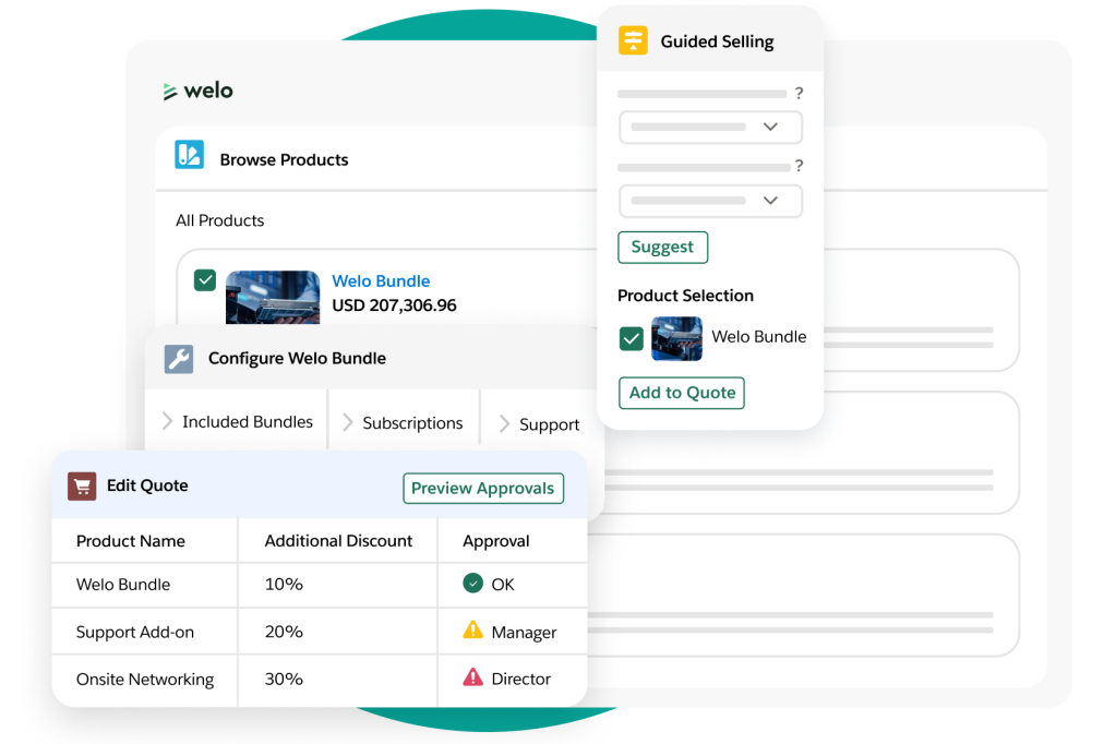 A partner window gives an option to browse products with popouts to edit a quote and preview approvals, and suggest products.