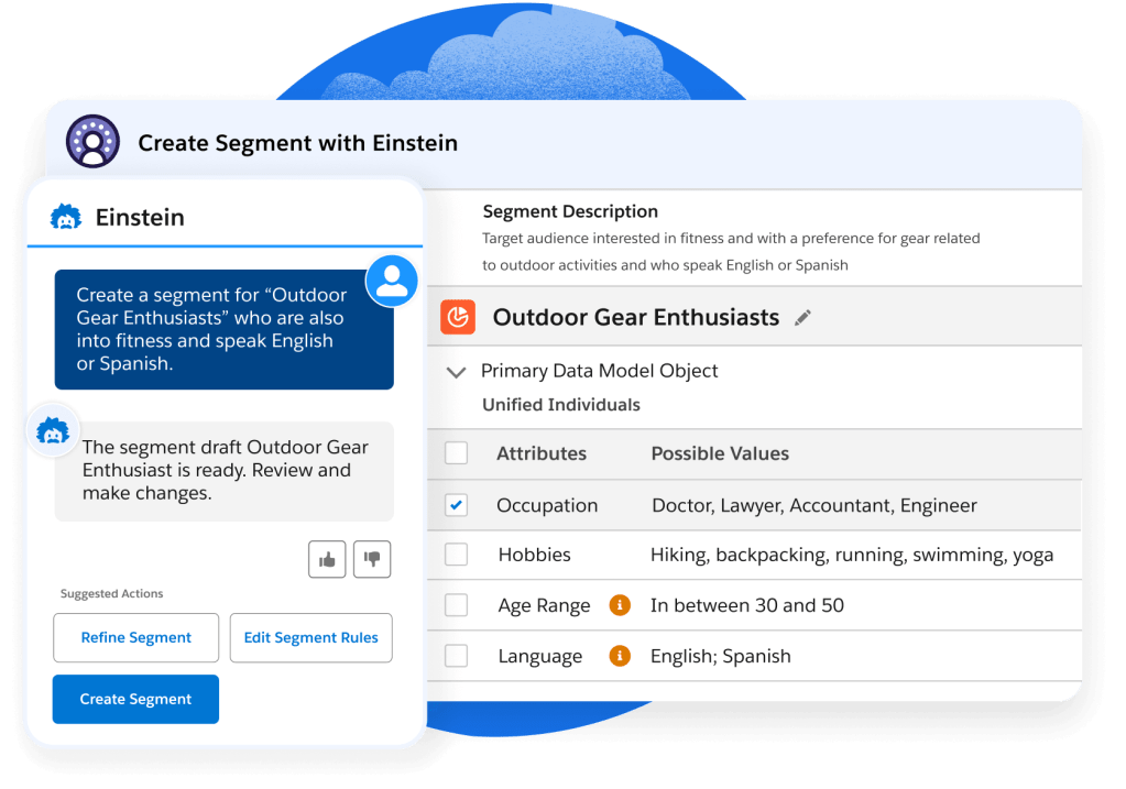 The Data Cloud interface showcasing the segmentation builder functionality using generative AI.
