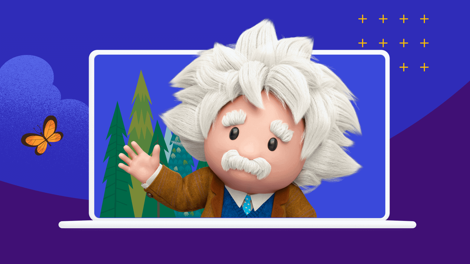 Salesforce character Einstein with one hand up in waving gesture