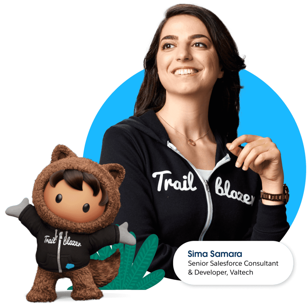 Trailblazer Sima Samara next to script that says “Free to Dream Bigger” and Salesforce character Astro.