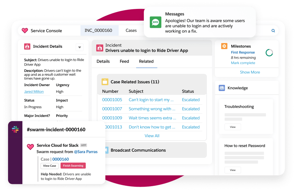Windows displaying a customer incident management dashboard and slack swarm