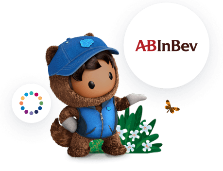 Astro in blue cap and vest with ABInBev logo and Customer 360 logo