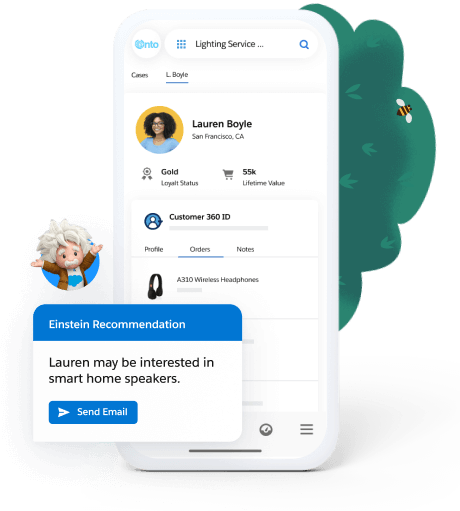 Einstein next to mobile phone showing popup recommendations for customer