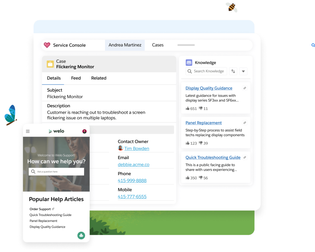 A Salesforce knowledge management dashboard depicting answers for multiple topics such as for how one can return bulky items.