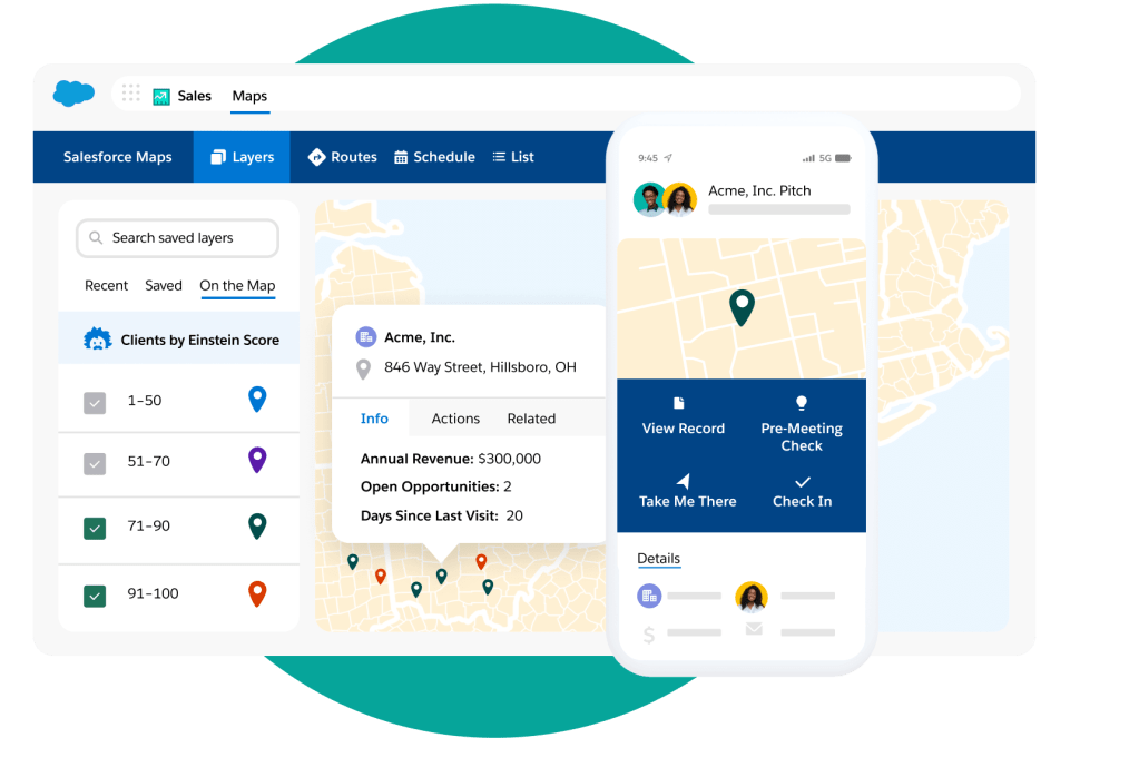 Image shows accounts marked on a map filtered by Einstein Score. A phone focuses on 1 account and relevant actions for users.