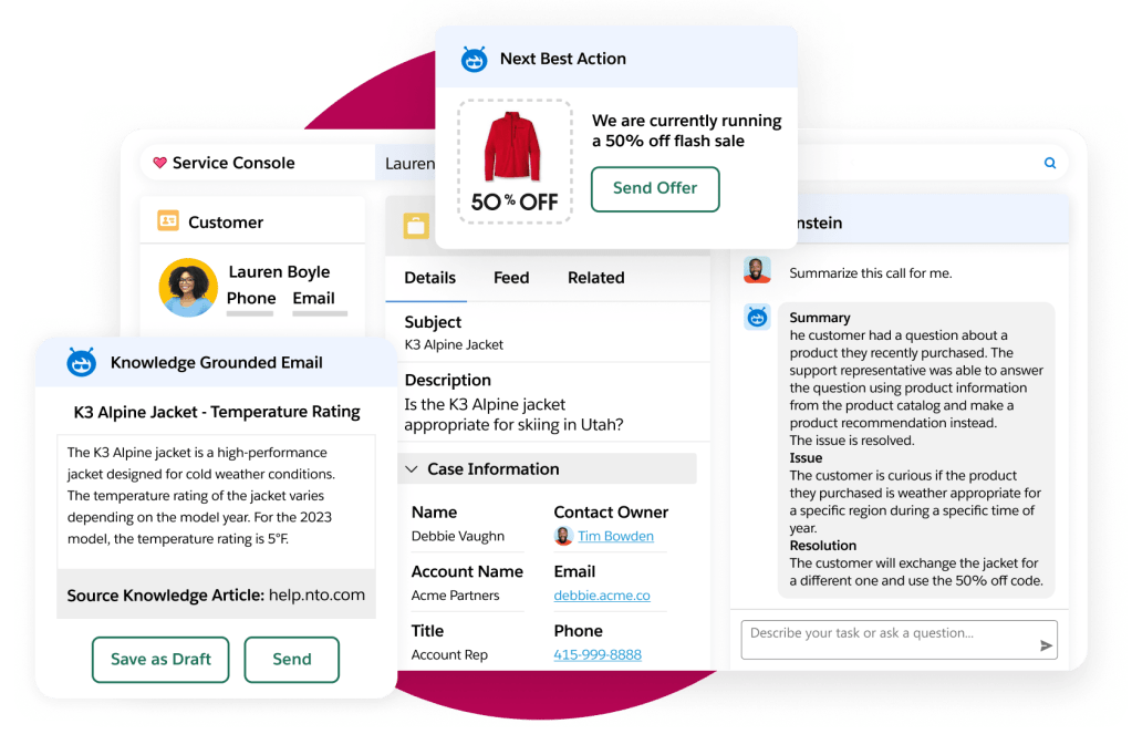 Windows displaying Einstein service responses and recommended next best actions for a customer case