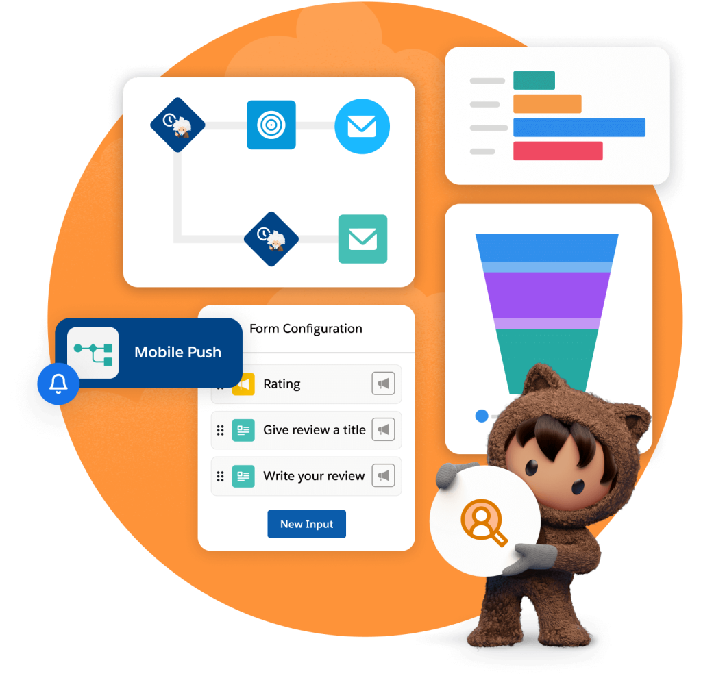 Astro holding a Marketing Cloud icon, standing in front of a Marketing Cloud Engagement Interface
