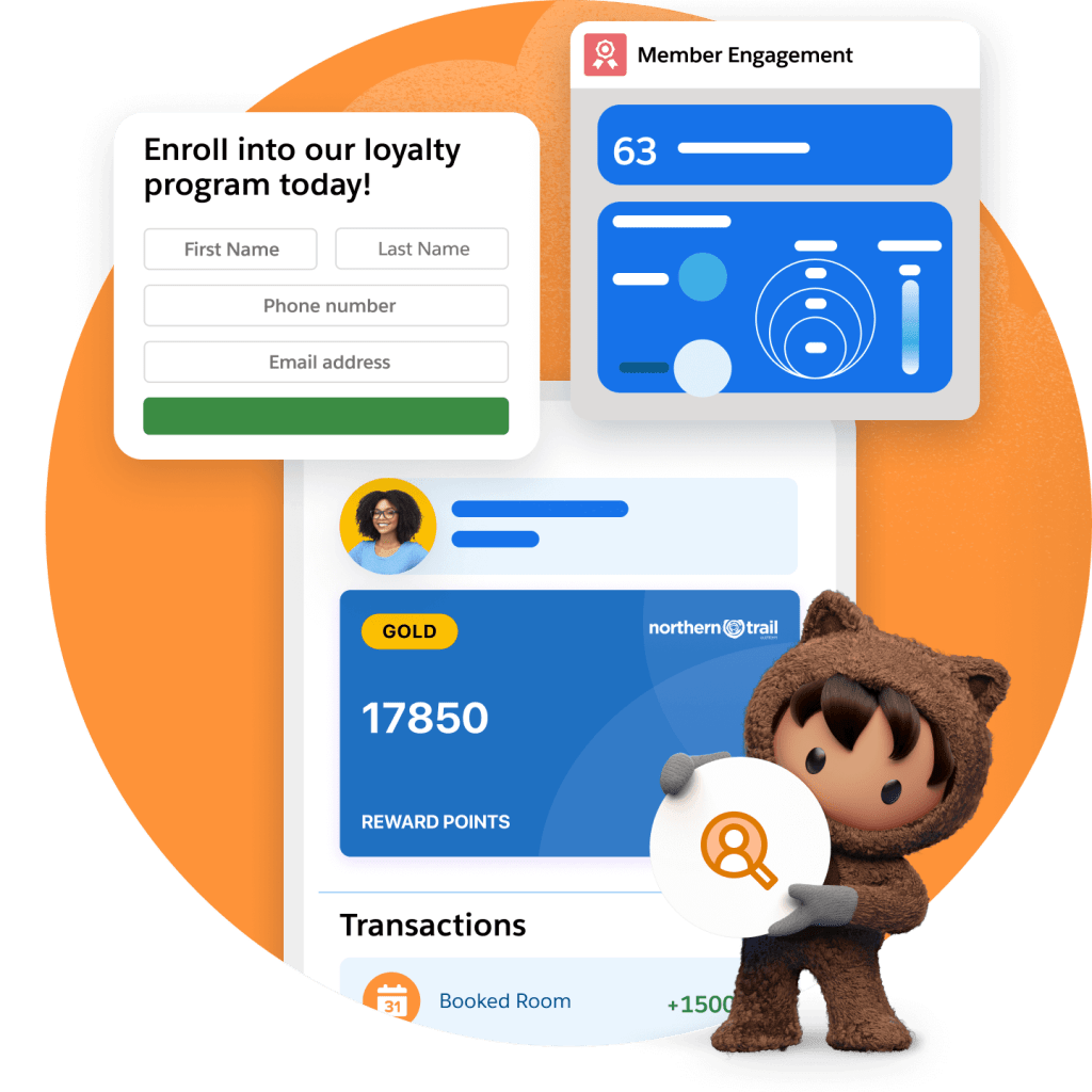 Image of Astro holding a Marketing logo while standing in front of a series of loyalty management dashboards.