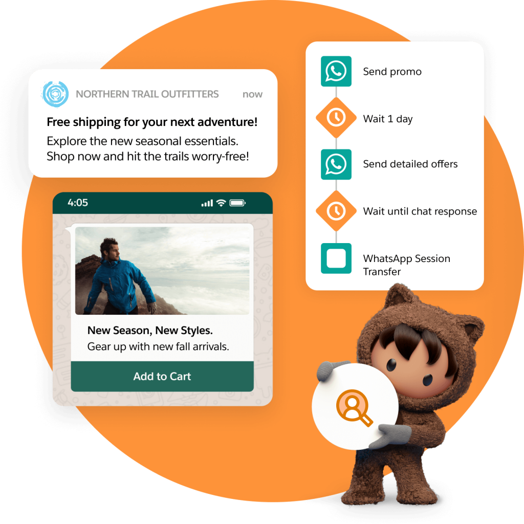 Astro standing alongside a personalized push notification, SMS message, and a journey builder dashboard.