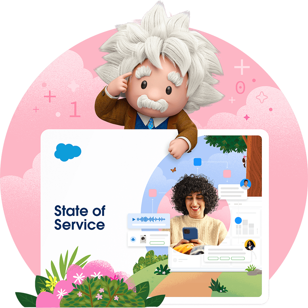Salesforce Einstein mascot standing in front of the State of Service report which contains customer service insights. 