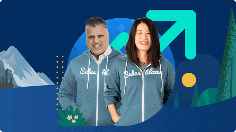 Two sales professionals with a background of teal arrow pointing up