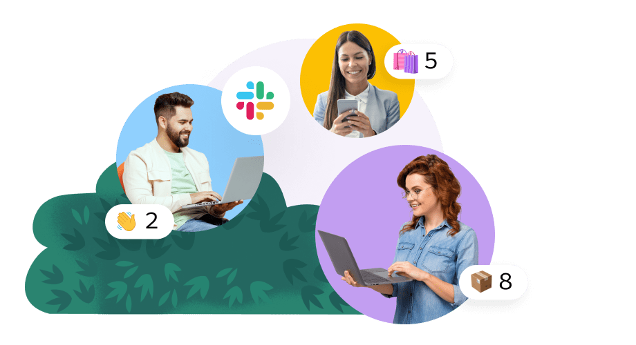 Three employees communicating, box emoji, waving emoji, gift emoji, and a Slack logo.