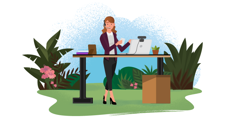 Customer service agent wearing a headset at a stand-up desk outside