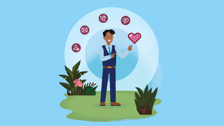 Man standing in 360-degree graphic pointing to a heart to represent service