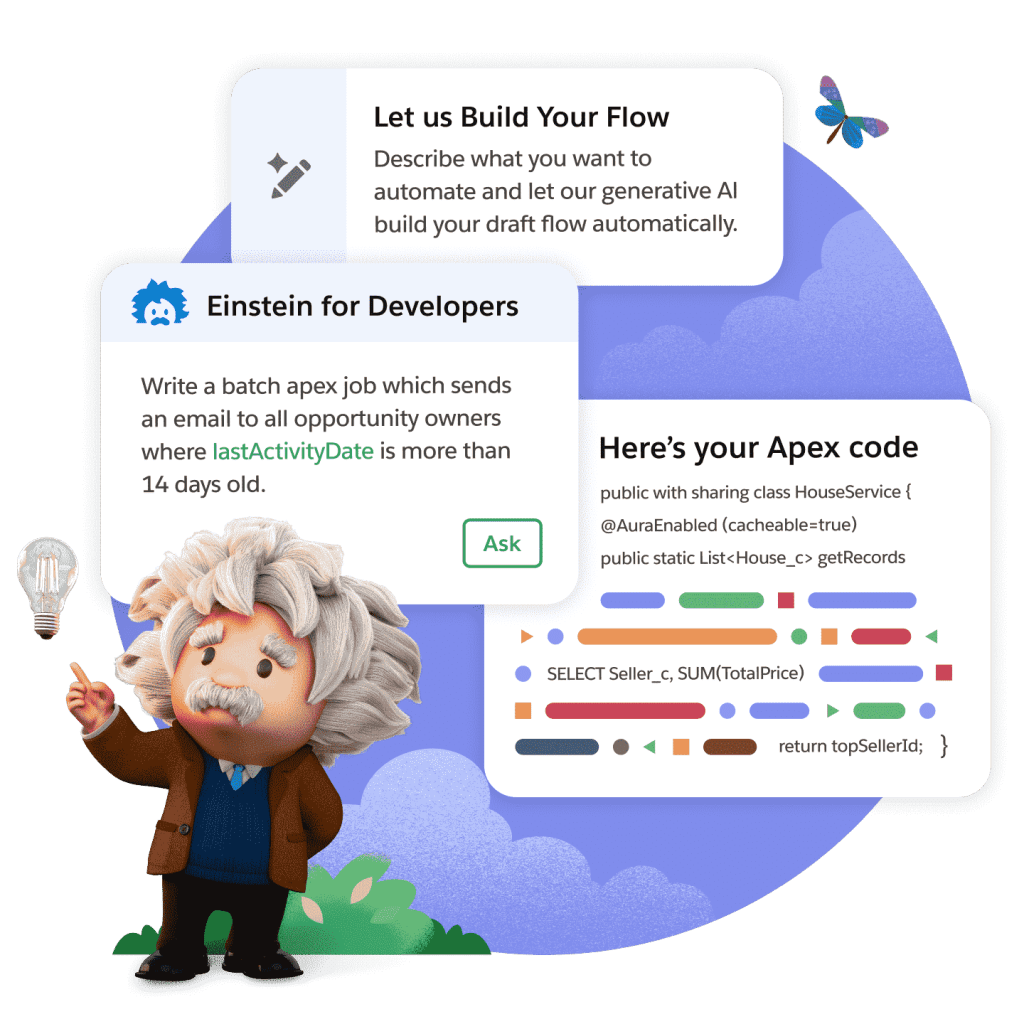 Astro is holding the Einstein logo, standing in front of windows displaying Einstein AI's capabilities.