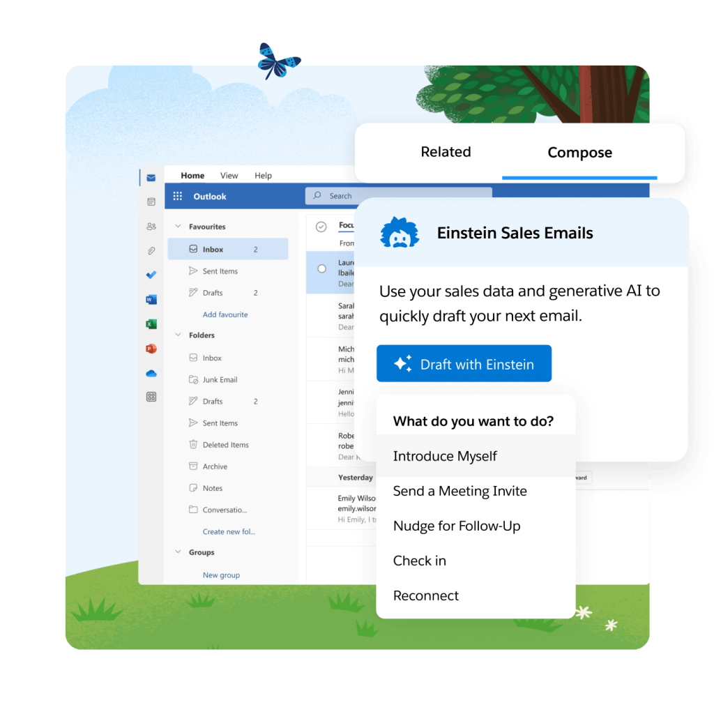 An Outlook window displaying Einstein's product features. 