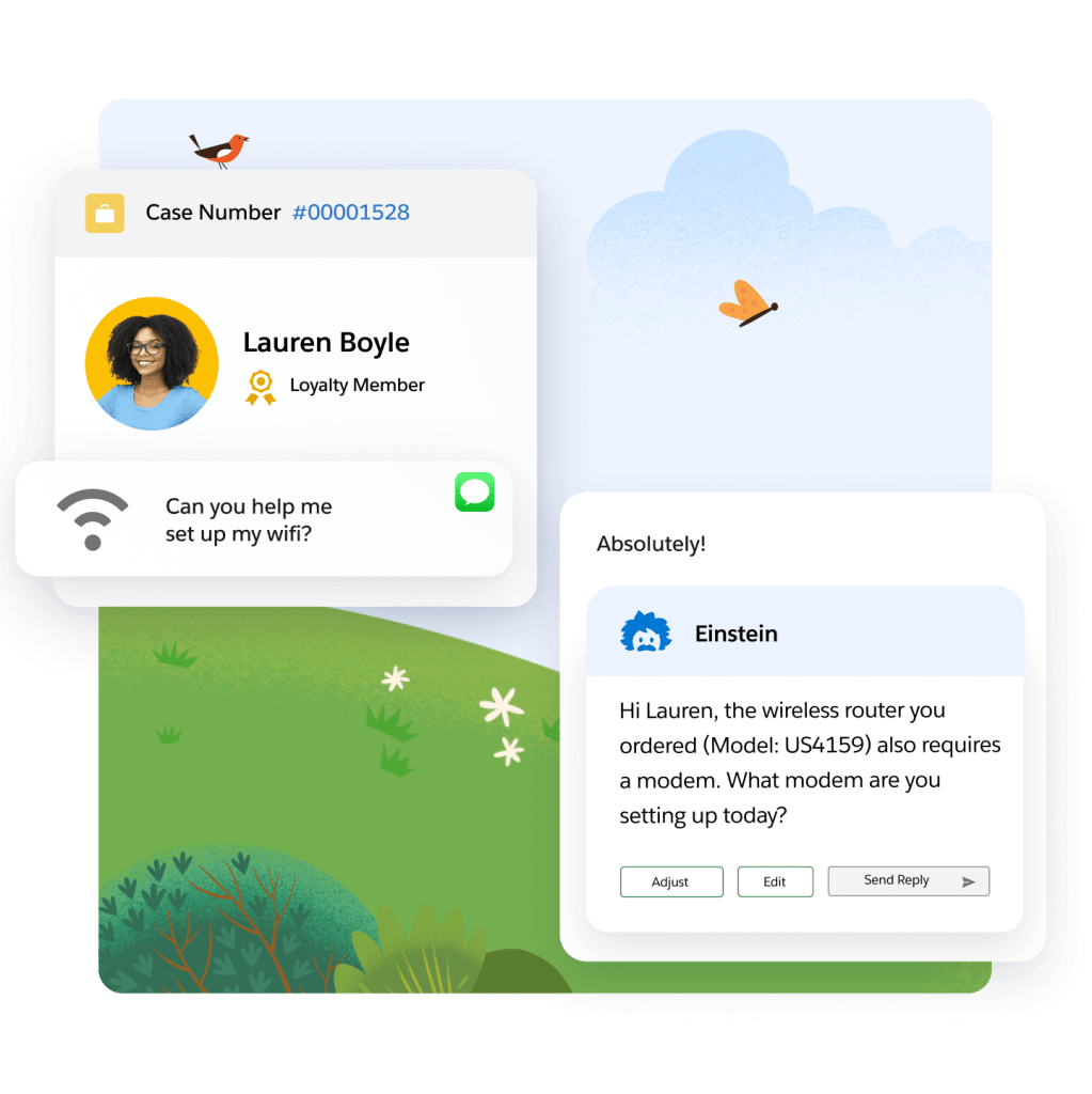 A chat window with Einstein answering a user's question about setting up WiFi.