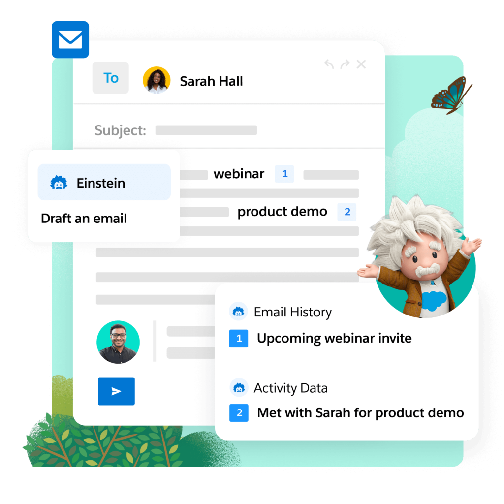 Windows show popups showing Einstein's scheduling abilities in Outlook. 