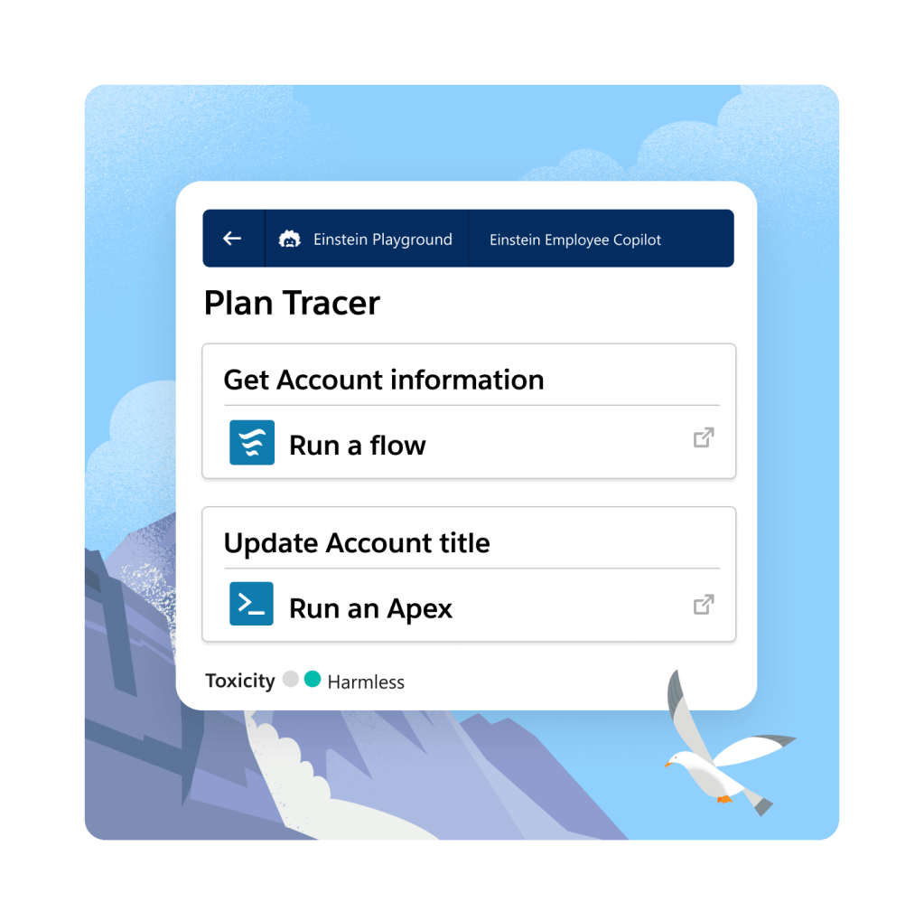 A white bird flying in front of the plan tracer page and snowy mountains in the background. 