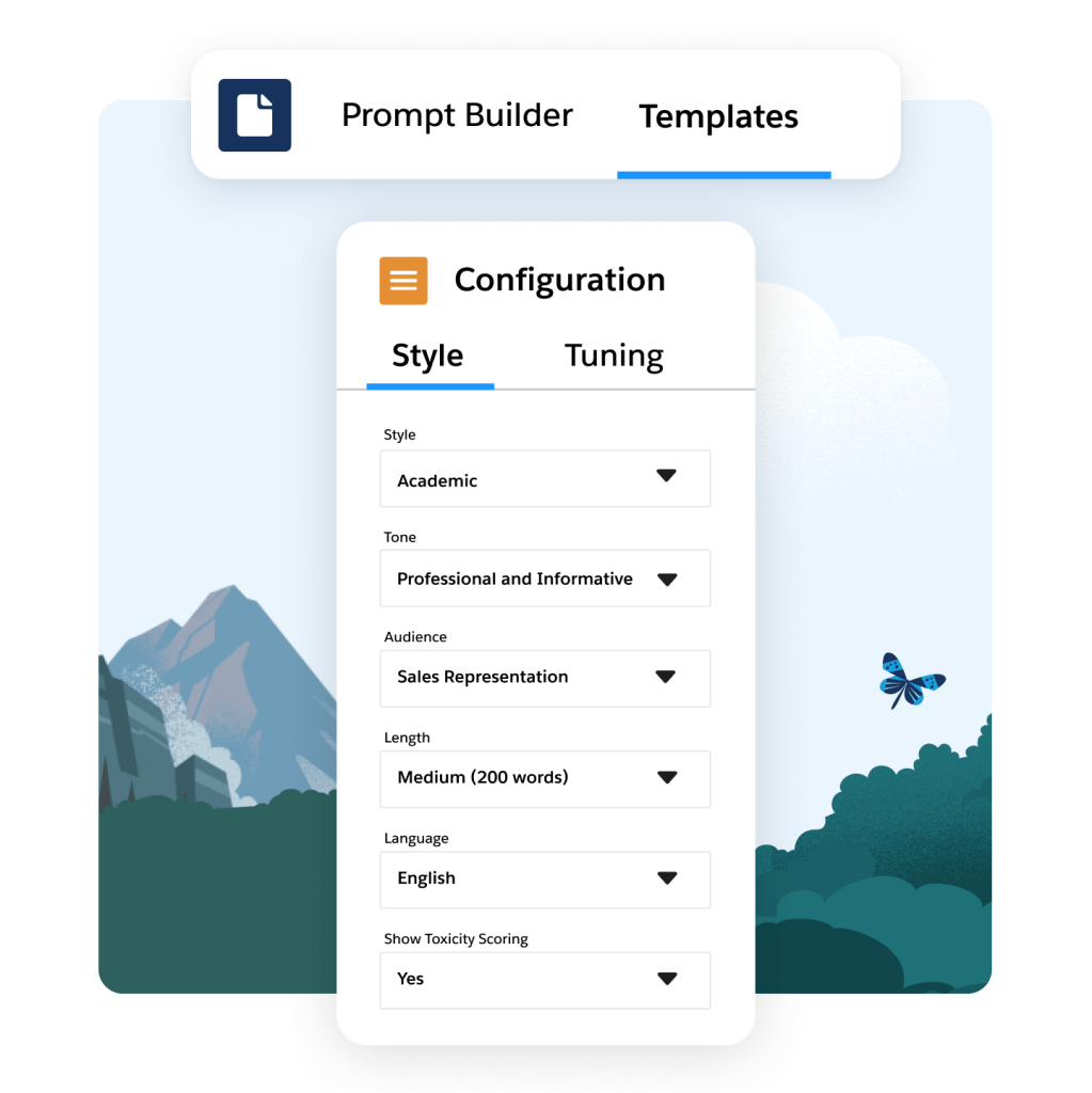 A configuration page with mountains, bushes, and a butterfly in the background.