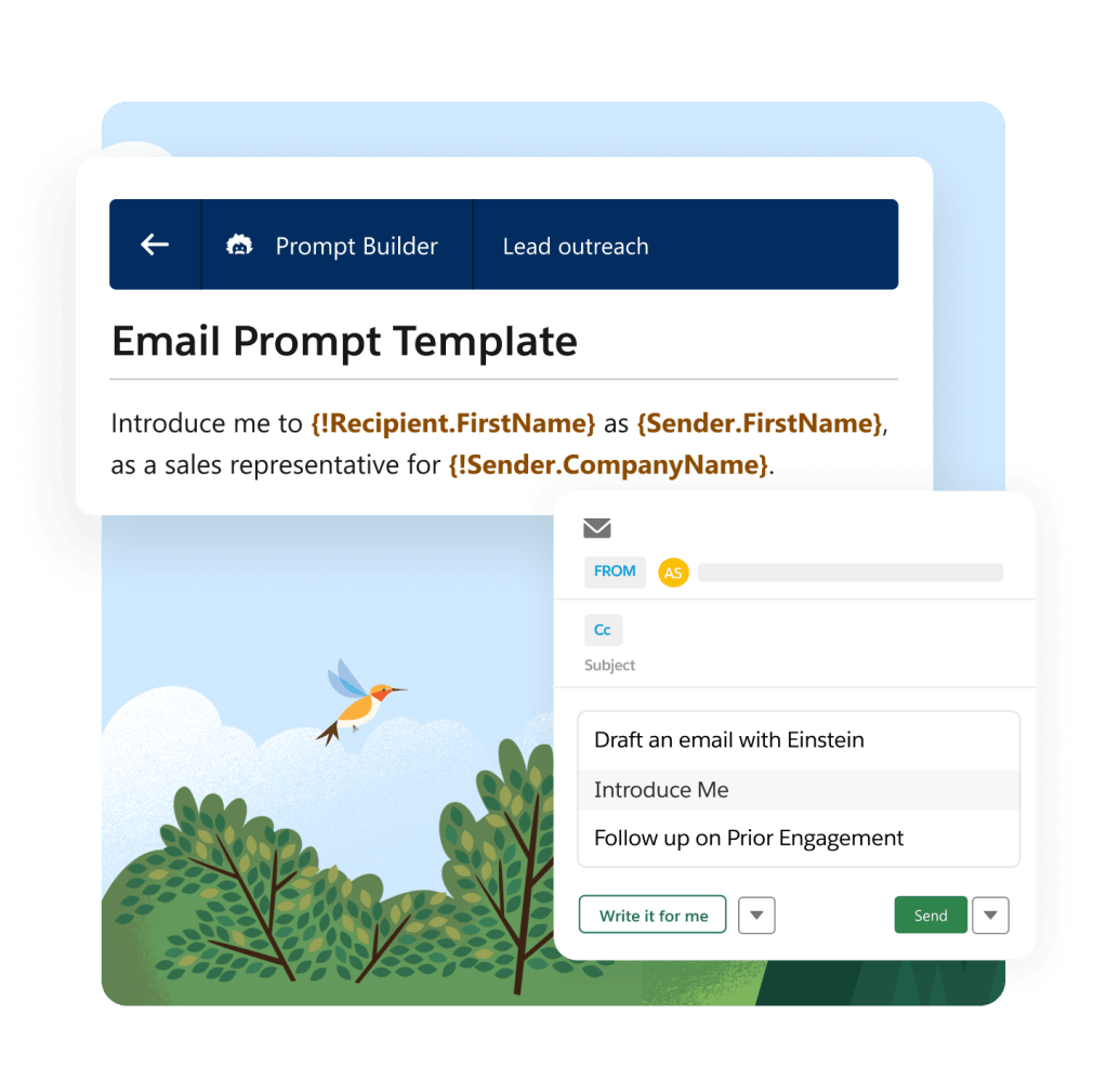 Bushes and a bluejay with blue skies behind an email prompt template.