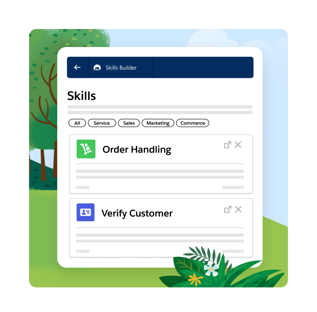 A bush with flowers in front of the skill builder page and trees in the background.