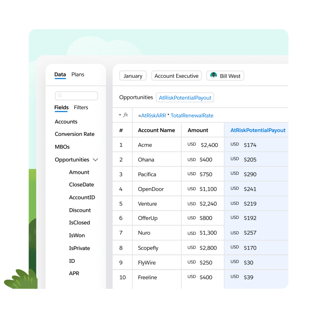 Window shows opportunity data brought in automatically to calculate fields in commission plans.