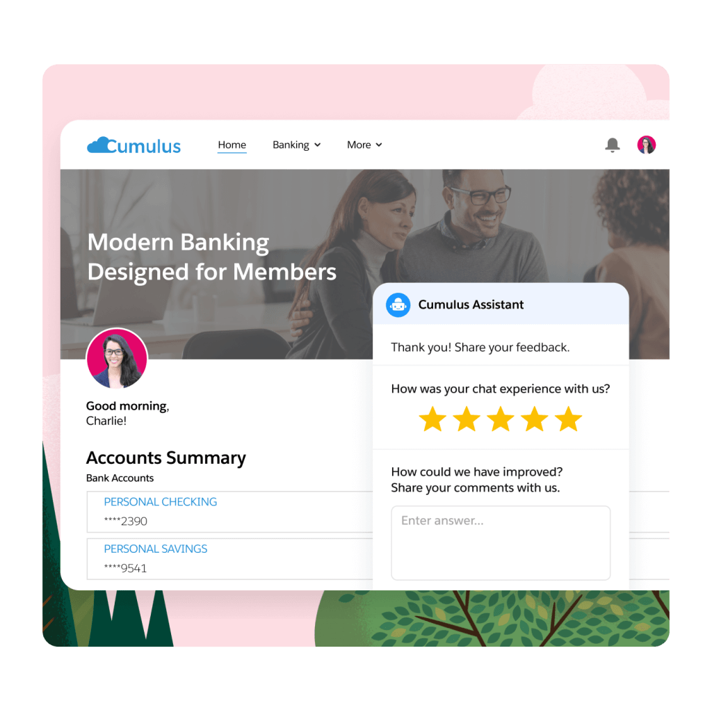 A banking account homepage with a pop-up customer survey. 