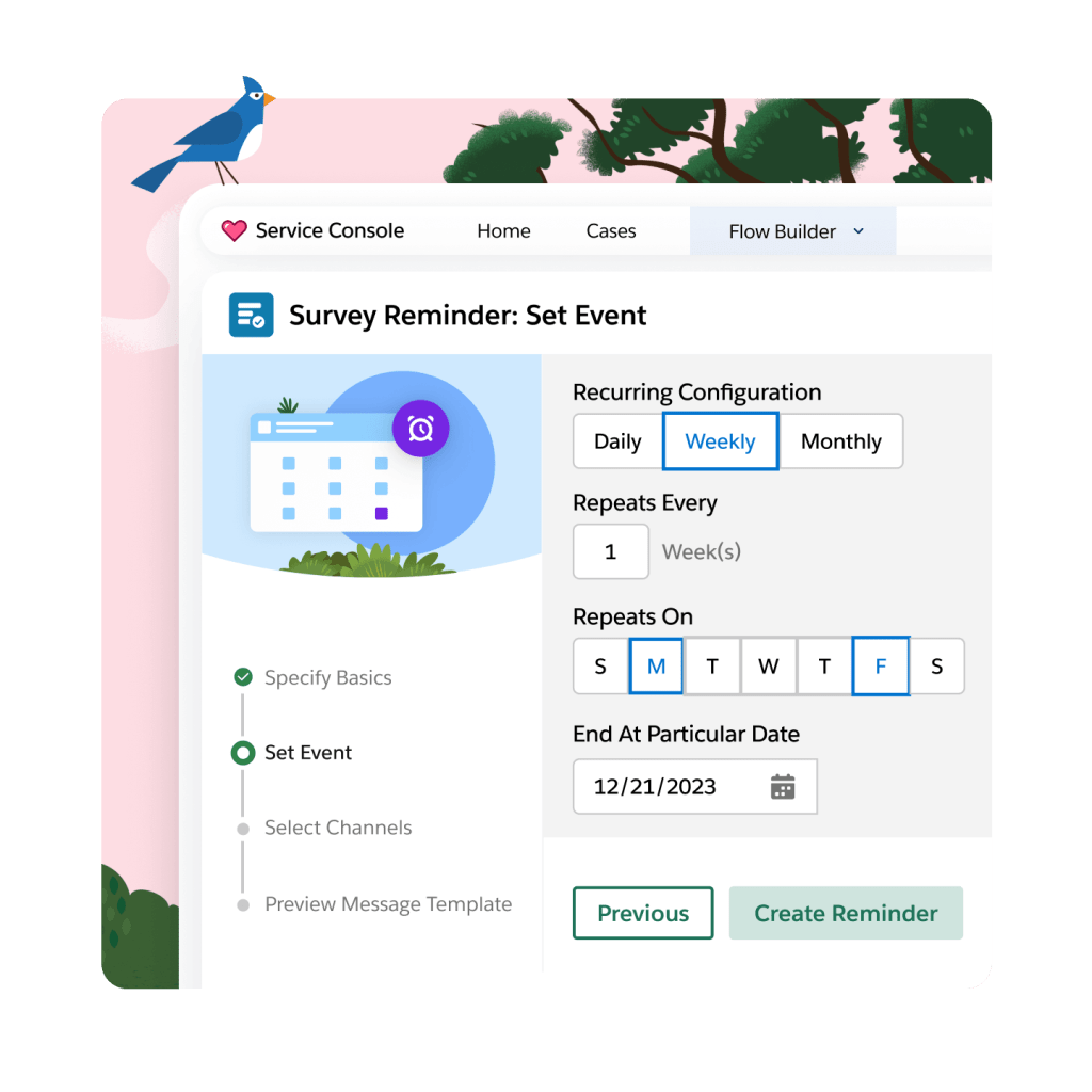Interface showing the Survey reminder: Set event, with options such as recurring configuration and end date.